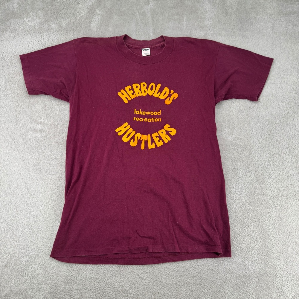 VTG 70s Collegiate Pacific Herbolds Lakewood Recreation Hustlers Shirt Men L Red